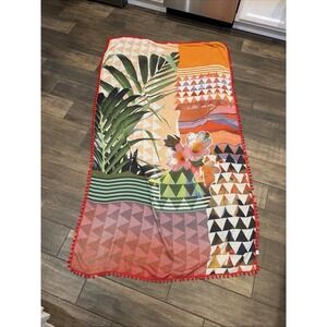 Boho Tropical Fabric Throw Sarong Scarf Prana 72x40 Pom Pom Fringe Multicolor